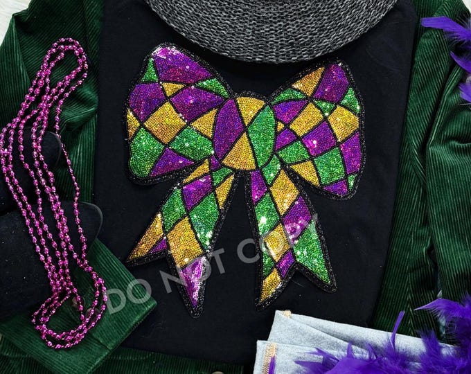 Mardi Gras Sequin Bow Sweatshirt, New Orleans shirt, Mardi Gras shirt, Mardi Gra Bow shirt