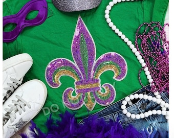 Mardi Gras Fleur De Lis Sequin patch Tshirt, New Orleans, purple, green, King Cake, Mardi Gras shirt