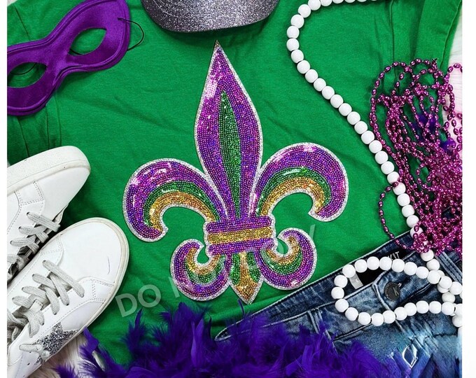 Mardi Gras Fleur De Lis Sequin patch Tshirt, New Orleans, purple, green, King Cake, Mardi Gras shirt