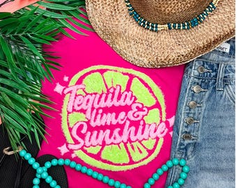Tequila Lime and Sunshine fluffy patch shirt, summertime shirt, vacation shirt
