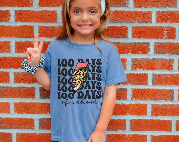 Youth - Leopard Pencil Bolt 100 Days of School T-Shirt