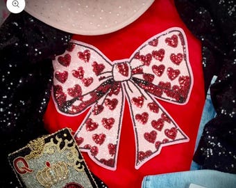Pink Sequin Bow with Red Hearts Patch Sweatshirt, Happy Valentines Day, valentines shirt, shirt with bow,  sequin sweatshirt