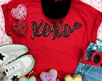 XOXO Sequin Patch Valentine T-Shirt, Valentines Day Shirt