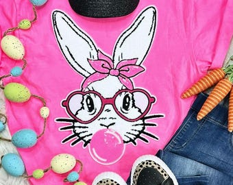 CHENILLE SEQUIN PATCH Easter Bunny Tshirt, Easter bunny bubble gum