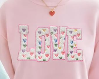 LOVE multicolor hearts fuzzy patch sweatshirt, Valentines day