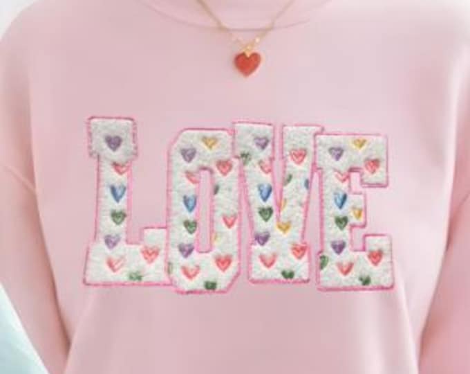 LOVE multicolor hearts fuzzy patch sweatshirt, Valentines day