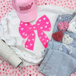 Pink Sequin Bow with Hearts Sweatshirt, Happy Valentines Day, valentines shirt, shirt with bow, pink bow with white heart sequins sweatshirt