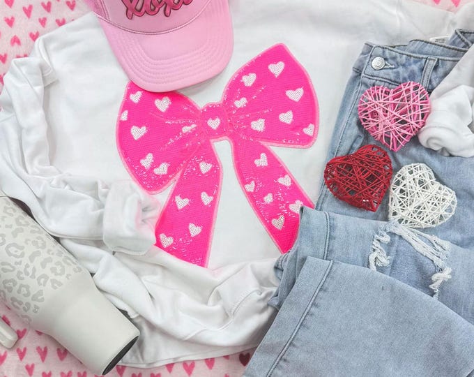 Pink Sequin Bow with Hearts Sweatshirt, valentines shirt, shirt with bow