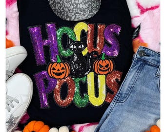 Hocus Pocus Sequin Patch Halloween T-Shirt: Black Cat & Pumpkins