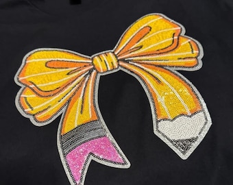 Sequin Bow Pencil Patch shirt, Teacher shirt