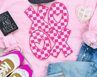 XOXO Pink and White Sequin Patch Sweatshirt, Happy Valentines Day, valentines shirt