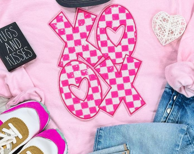 XOXO Pink and White Sequin Patch Sweatshirt, Happy Valentines Day, valentines shirt