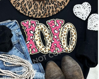 XOXO Leopard Chenille patch Sweatshirt, Happy Valentines Day, women’s Valentine shirts
