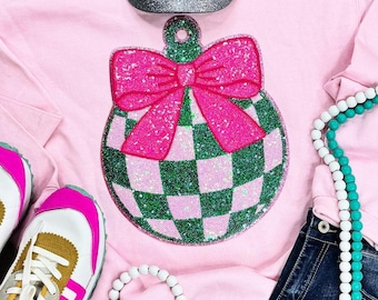 Christmas Sequin Green and Pink Checkered Ornament Sweatshirt, Ornament Sequin Patch Sweatshirt