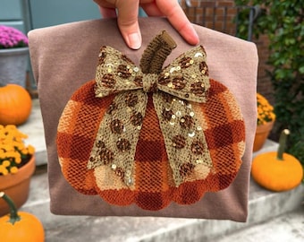 Faux Yarn Checkered Bow Pumpkin  T-shirt, Comfort Colors shirt, fall tshirt, thanksgiving shirt, turkey day shirt