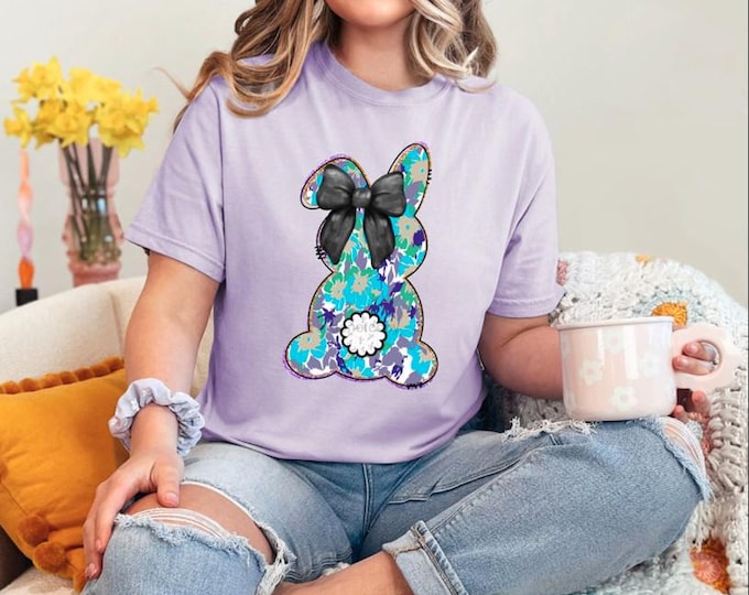 Easter Purple/Blue Floral Bunny T-shirt, Easter Shirt, Bunny Shirt, Trendy bunny shirt, comfort colors