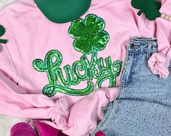 Lucky Clover Sequin Patch Sweatshirt; St. Patricks Day Sweatshirt