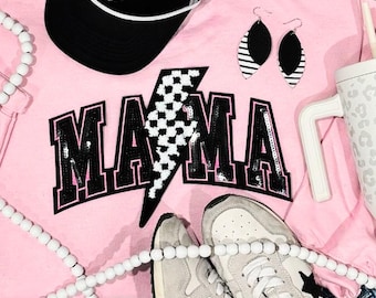 Mama lightning bolt sequin patch tshirt, black and light pink sequin letters, Mother’s Day gift, Mother’s Day shirt, mom day gift