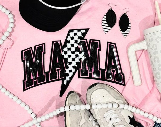 Mama lightning bolt sequin patch tshirt, black and light pink sequin letters, Mother’s Day gift, Mother’s Day shirt, mom day gift