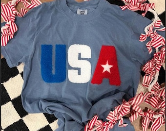 USA Fluffy Patch Tshirt, Patriotic Shirt