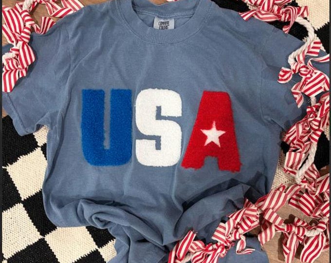 USA Fluffy Patch Tshirt, Patriotic Shirt