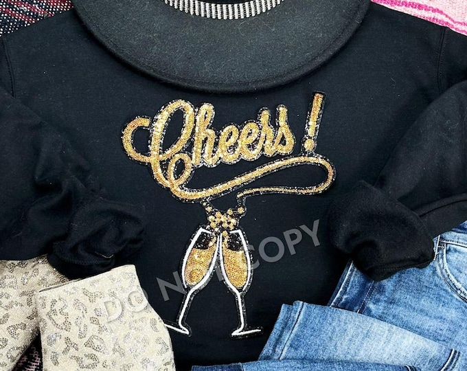 Cheers Sequin Champagne Glasses Sweatshirt, Happy New Year, wedding, party, Celebrate shirt, Bachlorette party shirt