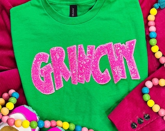 Grinchy Hot Pink Sequin Patch Sweatshirt, Christmas shirt