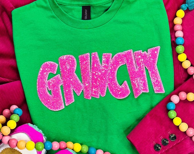 Grinchy Hot Pink Sequin Patch Sweatshirt, Christmas shirt