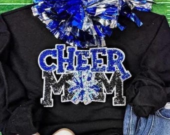 Cheer Mom Sequin Patch T-Shirt or Sweatshirt,  multiple colors (Royal, Gold, Red, Purple, Green, Neon Pink)