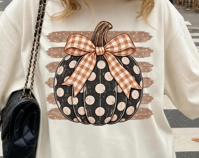 Polka Dot Pumpkin T-shirt, Trendy Autumn Shirt