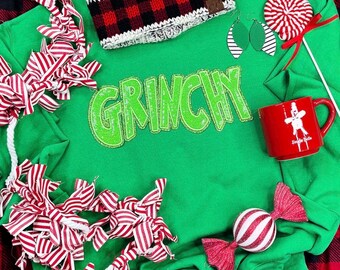 Grinchy Green Sequin Patch Sweatshirt, Christmas shirt