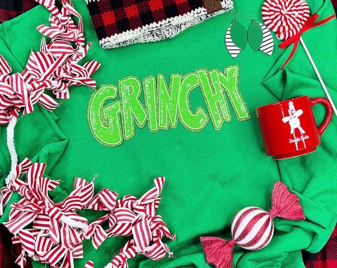 Grinchy Green Sequin Patch Sweatshirt, Christmas shirt
