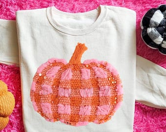 Gingham Pumpkin Comfort Colors Shirt: Faux Yarn Fall Tee