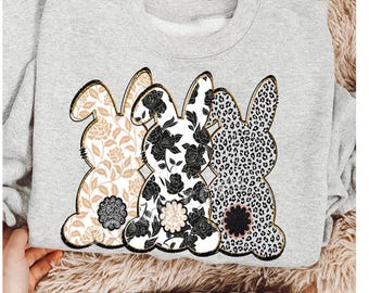 Trio Bunny mixed patterns T-shirt, Easter Shirt, cute floral Bunny Shirt, Trendy bunny shirt