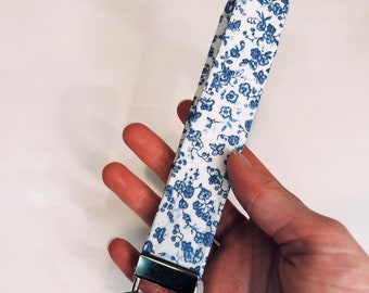 Keychain wristlet Blue floral keychain wristlet key fob wristlet handmade keychain key holder keychain wristlet