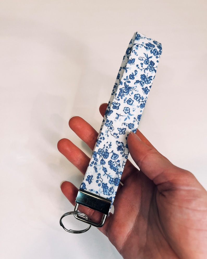 Keychain wristlet Blue floral keychain wristlet key fob wristlet handmade keychain key holder keychain wristlet image 1