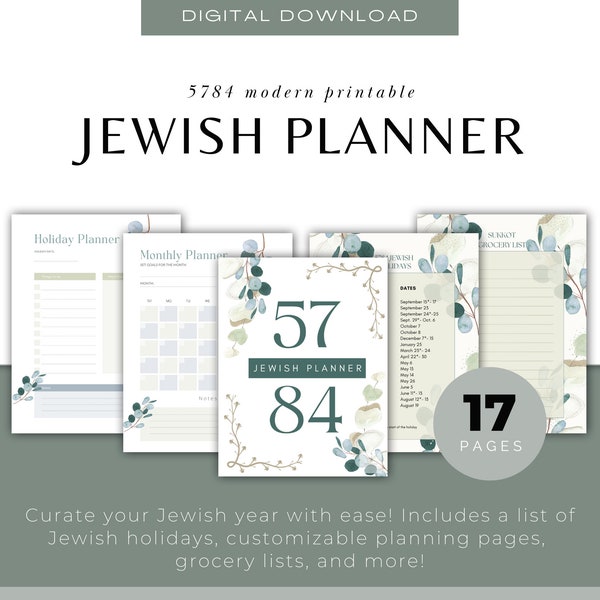 5784 Printable Jewish Planner/Calendar - 2023-2024 - Jewish Holiday/Meal Planner - Botanical Watercolor Planner - DIGITAL DOWNLOAD