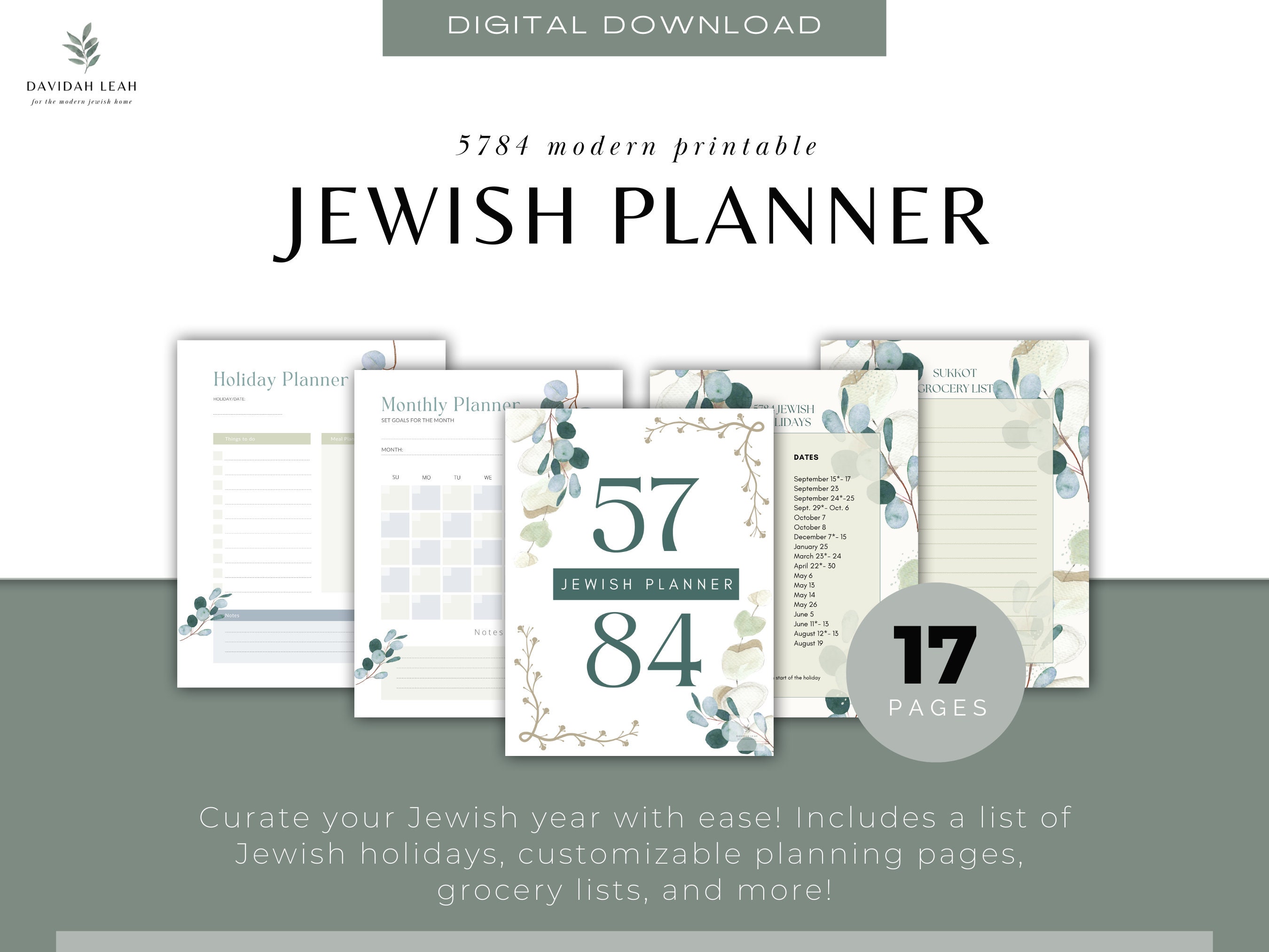 5784 Printable Jewish Planner/calendar 20232024 Jewish Holiday/meal