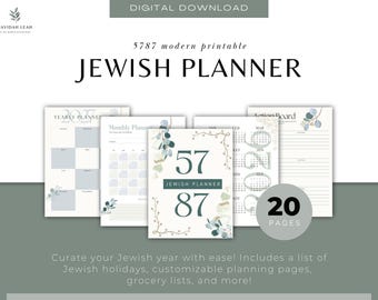May include: A digital download 5787 Jewish planner featuring 20 pages of printable planning sheets. The set includes a yearly planner, monthly planner, and action board with eucalyptus leaf illustrations and text reading 5787 Jewish Planner.