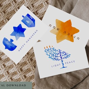 Cartes de Hanoukka imprimables 5x7, Set de 3, Aquarelle - TÉLÉCHARGEMENT NUMÉRIQUE