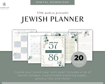 May include: Digital download of a Jewish planner with the text "5786 Jewish Planner". The planner includes yearly, monthly, and action board pages. The image also includes the text "20 pages" and "Curate your Jewish year with ease!"