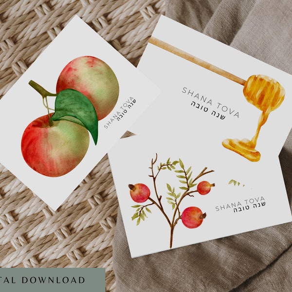 Printable 5x7 Rosh HaShanah Cards, Set of 3 - Pomegranate, Apple, and Honey, Watercolor, Digital Download