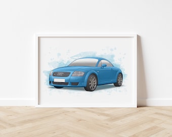 May include: A blue Audi TT sports car with a watercolor background. The car is facing the camera and has a white license plate.