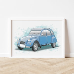 May include: A blue vintage car with a white background and blue watercolour splatters. The car has a rounded shape and a single windscreen.