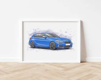 May include: A framed art print featuring a watercolor illustration of a bright blue hatchback car. The vehicle is depicted in a three-quarter view with dark grey wheels and a signature front grille, set against a light purple watercolor splash.