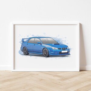 May include: A blue Subaru Impreza WRX STI car with a watercolor effect in the background.