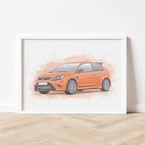 May include: A watercolor illustration of an orange Ford Focus RS with a white background.