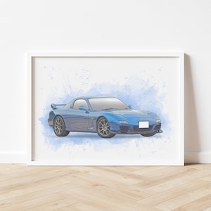 Personalised Mazda RX7 Art Print, JDM Poster, Portrait, Drawing, Illustration, Gift For Car Lover, Birthday, Boyfriend, Husband