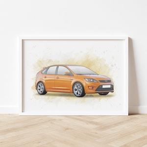 May include: A watercolour illustration of an orange Ford Focus hatchback car on a white background.
