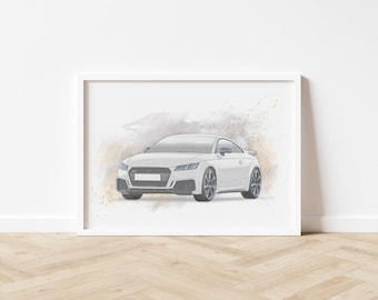 May include: A white Audi TT RS sports car with black wheels and a watercolor background.